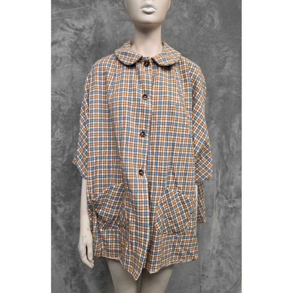 Mod Swing Plaid Wool Blend Button-Front Cape Vintage 1960s Peter Pan Collar Twee